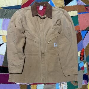 Carhartt Insulated Corduroy Collar Tan Canvas Cotton Work Jacket XL Cut Coverall